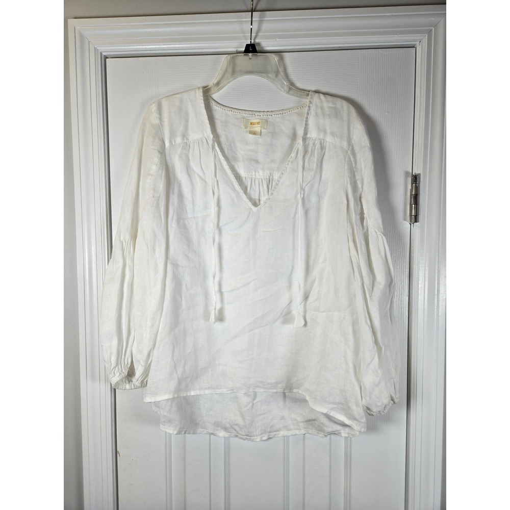 Maeve by Anthropologie White 100% Linen Balloon Sleeve Peasant Blouse Small